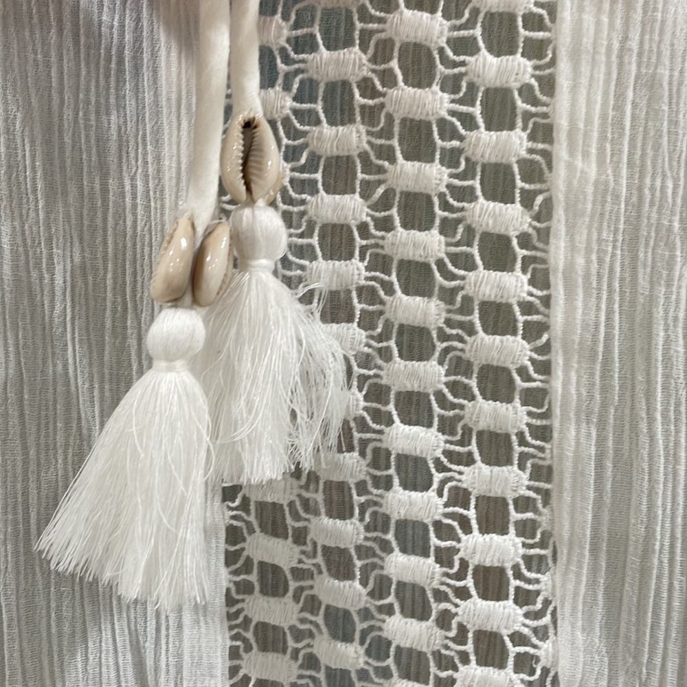 NWT Surf Gypsy crochet sleeve short sleeve cover up white cowrie tassels SHOPTAG - Picture 3 of 10